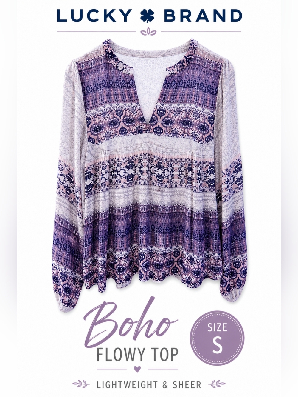 Lucky Brand Boho Sheer Blouse Size Small Purple Floral Peasant Top Flowing Gypsy